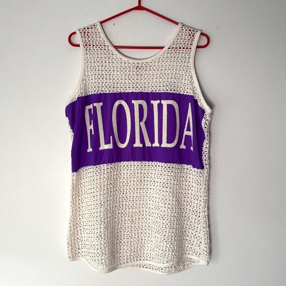 80s vintage white mesh Florida retro graphic unisex cotton tank top made in USA - Picture 1 of 9